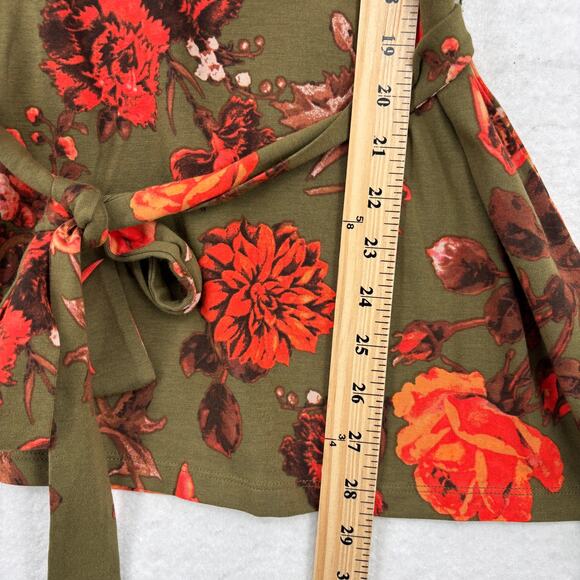 Denim & Co Tunic Size S Olive Green Floral Print Jersey Round Neck Tie Waist - Picture 7 of 9